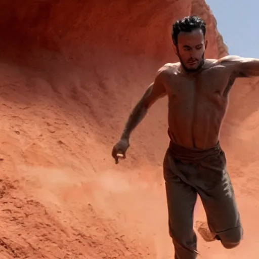 Image similar to cinematic still of a gust of wind blowing red clay into the shape of a 30 year old middle eastern man emerging waist up out of the red clay, strong, muscular, mysterious, fantastical, miraculous, epic, light rays, cinematic, Biblical epic directed by Steven Spielberg