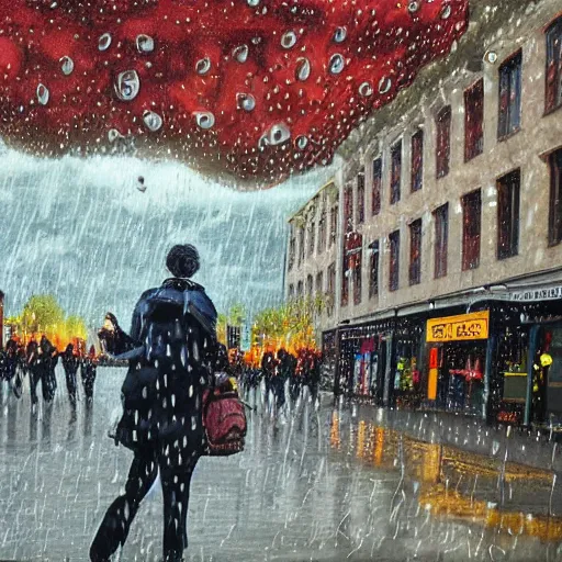 Image similar to giant food raining from the sky all over town painting realistic