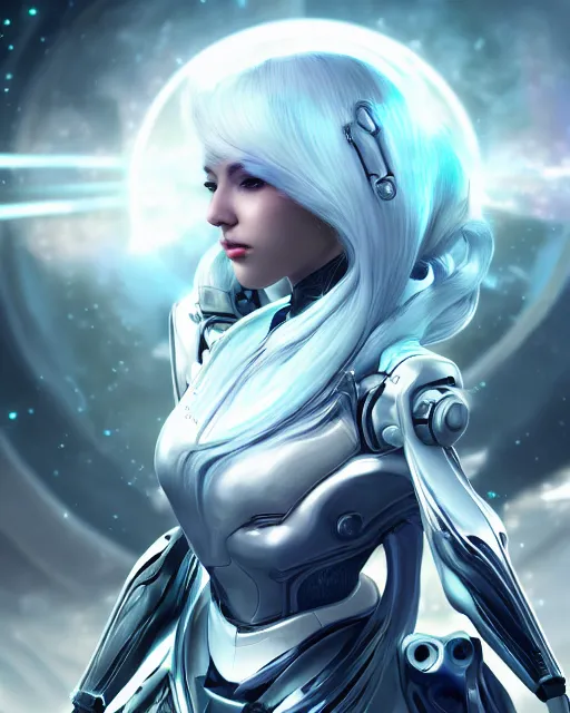 Image similar to perfect android girl on a mothership, warframe armor, beautiful face, scifi, futuristic, galaxy, nebula, raytracing, dreamy, long white hair, blue cyborg eyes, sharp focus, cinematic lighting, highly detailed, artstation, divine, by gauthier leblanc, kazuya takahashi, huifeng huang