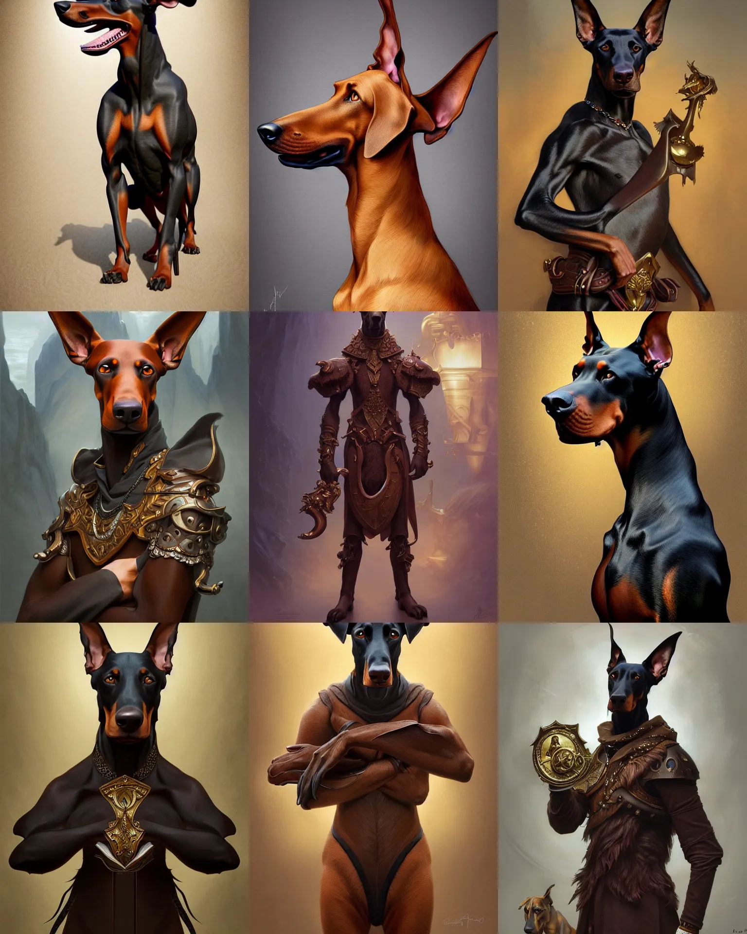 Prompt: full body photography of a male anthropomorphic doberman, deep focus, d & d, fantasy, intricate, elegant, highly detailed, digital painting, artstation, concept art, matte, sharp focus, illustration, hearthstone, art by artgerm and greg rutkowski and alphonse mucha