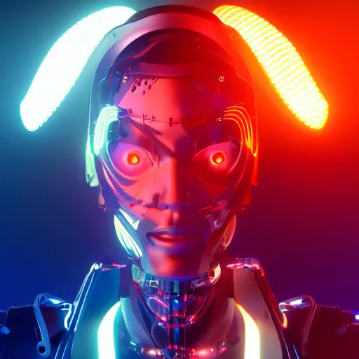 Prompt: beautiful japanese cyborg with digital led skin, neon lighting, techno neon projector background, portrait photo, unreal engine 5, depth of field, bokeh