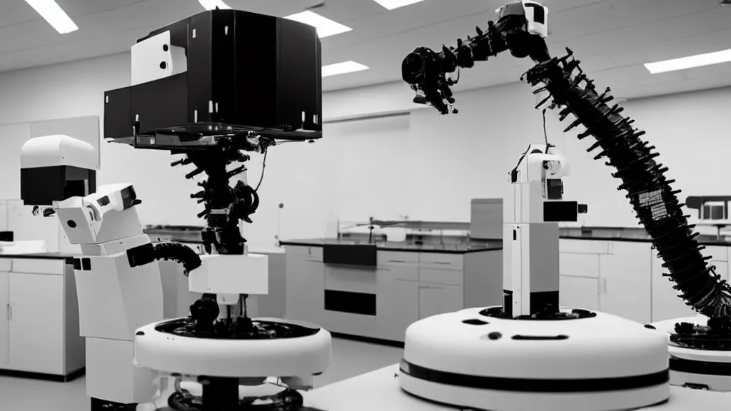 Prompt: a complex bifurcated robotic cnc surgical arm hybrid mri 3 d printer machine making black and white ceramic mutant forms in the laboratory inspection room, film still from the movie directed by denis villeneuve with art direction by salvador dali, wide lens