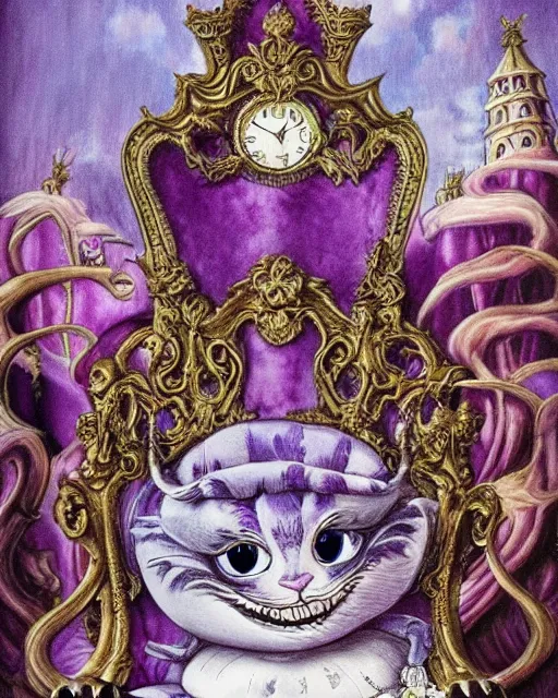 Image similar to 'cheshire cat' from 'alice in wonderland' as elden lord, sitting on throne, background is ornate castle in rococo style, beautiful architecture, falling hearts, flowers