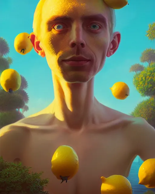 Image similar to highly detailed surreal vfx portrait of an anthropomorphic lemon pool party, stephen bliss, unreal engine, greg rutkowski, loish, rhads, beeple, makoto shinkai and lois van baarle, ilya kuvshinov, rossdraws, tom bagshaw, global illumination, detailed and intricate environment