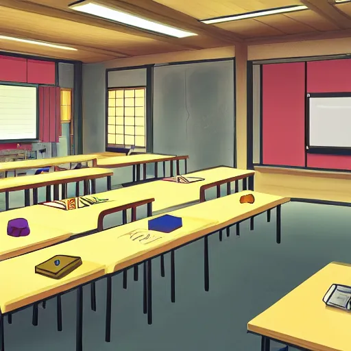 Anime classroom, empty, digital art, background, soft, Stable Diffusion