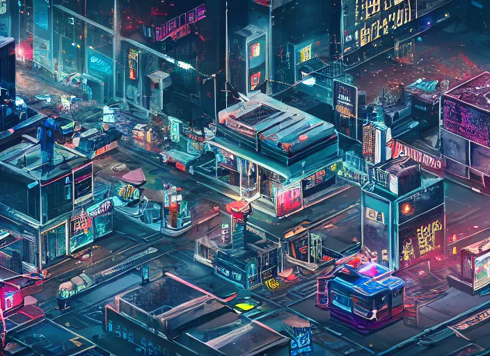 Prompt: Isometric photograph of a cyberpunk city, asian, gritty, highly detailed, extreme detail, 4k, raining, police scene, grimy, flying cars