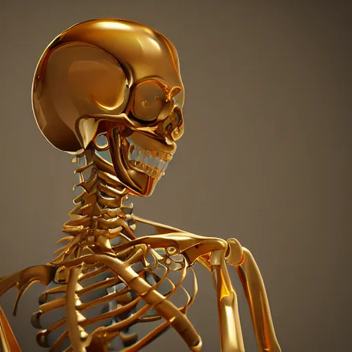 Prompt: a computer generated image of a human made out of gold, skeleton, a computer rendering by mike winkelmann, featured on zbrush central, neo - figurative, octane render, rendered in cinema 4 d, zbrush