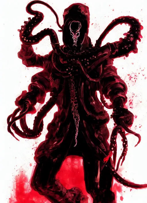 Image similar to half body portrait of an evil deity, a squid man in black mask and black rugged long trench coat made of smoke, red aura, tentacles. in style of yoji shinkawa and hyung - tae kim, trending on artstation, dark fantasy, great composition, concept art, highly detailed, dynamic pose.