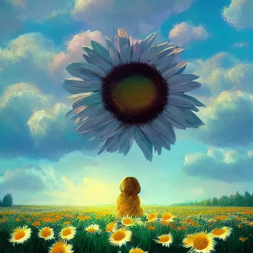 Image similar to giant daisies flower as head, girl sitting in a flower field, surreal photography, sunrise, dramatic light, impressionist painting, colorful clouds, digital painting, artstation, simon stalenhag