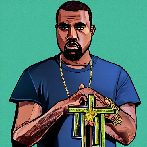 Image similar to illustration gta 5 artwork of holy saint kanye west, golden cross, in the style of gta 5 loading screen, by stephen bliss