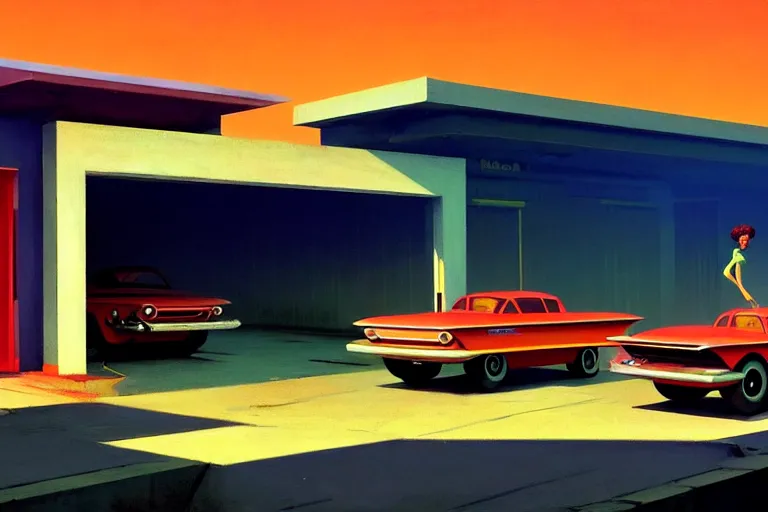 Image similar to a cinematic matte painting of a boxy 1 9 6 0 s vaporwave retro - futurism sci - fi car with solar panels on roof and doors in a cluttered garage in mumbai. by edward hopper, glennray tutor and greg rutkowski. trending on artstation.