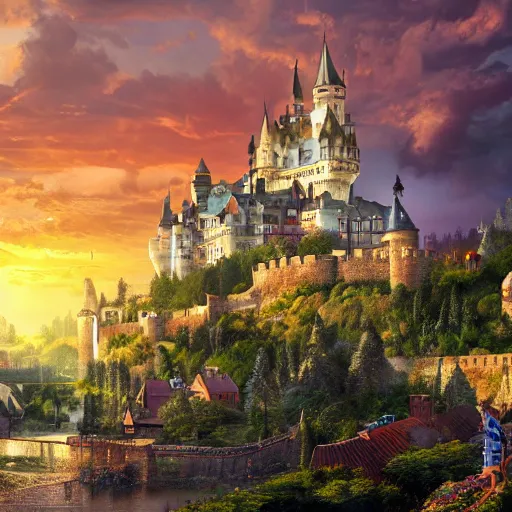 Prompt: european village with knights and horses with huge castle in the background, sunset, atmospheric environment, matte painting, 4 k - w 1 0 2 4 - n 9 - s 1 5 0