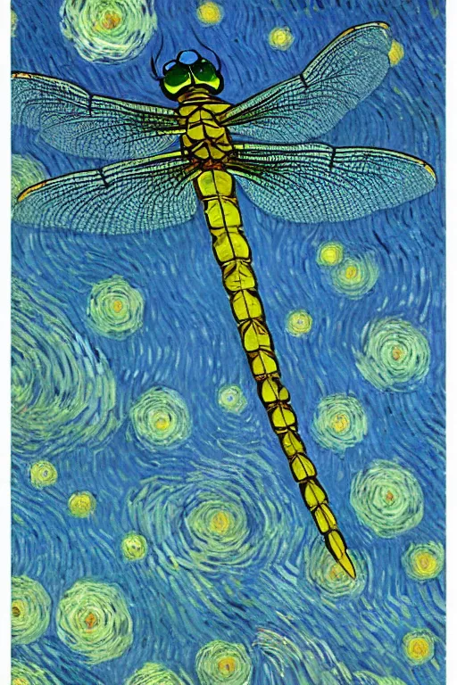 Prompt: symmetrical!!! looking at the camera!! dragonfly!! by vincent van gogh, starry night, big eyes, delicate wings