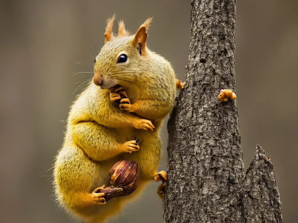 Prompt: yellow squirrel on a tree branch eating chopped bananas on a leafy plate, dslr, 4 k, telephoto, f 1. 8, shallow depth of field