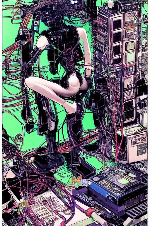 Prompt: a crazy cyberpunk illustration of a female android seated on the floor in a tech labor, seen from the side with her body open showing cables and wires coming out, by masamune shirow and katsuhiro otomo, japan, 1980s, dark, colorful