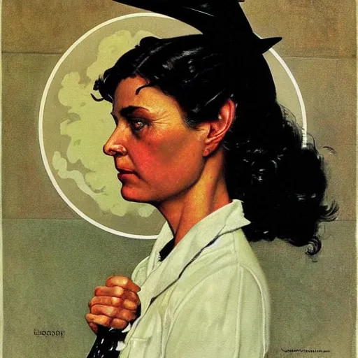 Prompt: Face portrait of a science fiction witch. Painting by Norman Rockwell.
