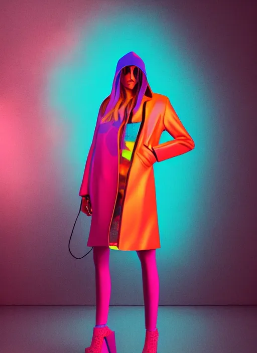 Image similar to coat for a rave, bright colors, many details, prints, photo for a magazine, photo for a store, fashion photography, Vogue, 135 mm, cinematic, hyper realism, high detail, octane render, 8k, chrome accents