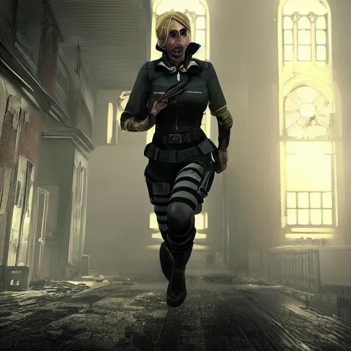 Prompt: annie leonhart in dunwall city wearing recon corps uniform running on a gothic house roof, redshift render, cinematic lighting, rainy weather, melancholy atmosphere, dunwall city, volumetric light, octane render, dishonored game, dishonored 1, gothic architecture, realistic reflections, octane render 8 k