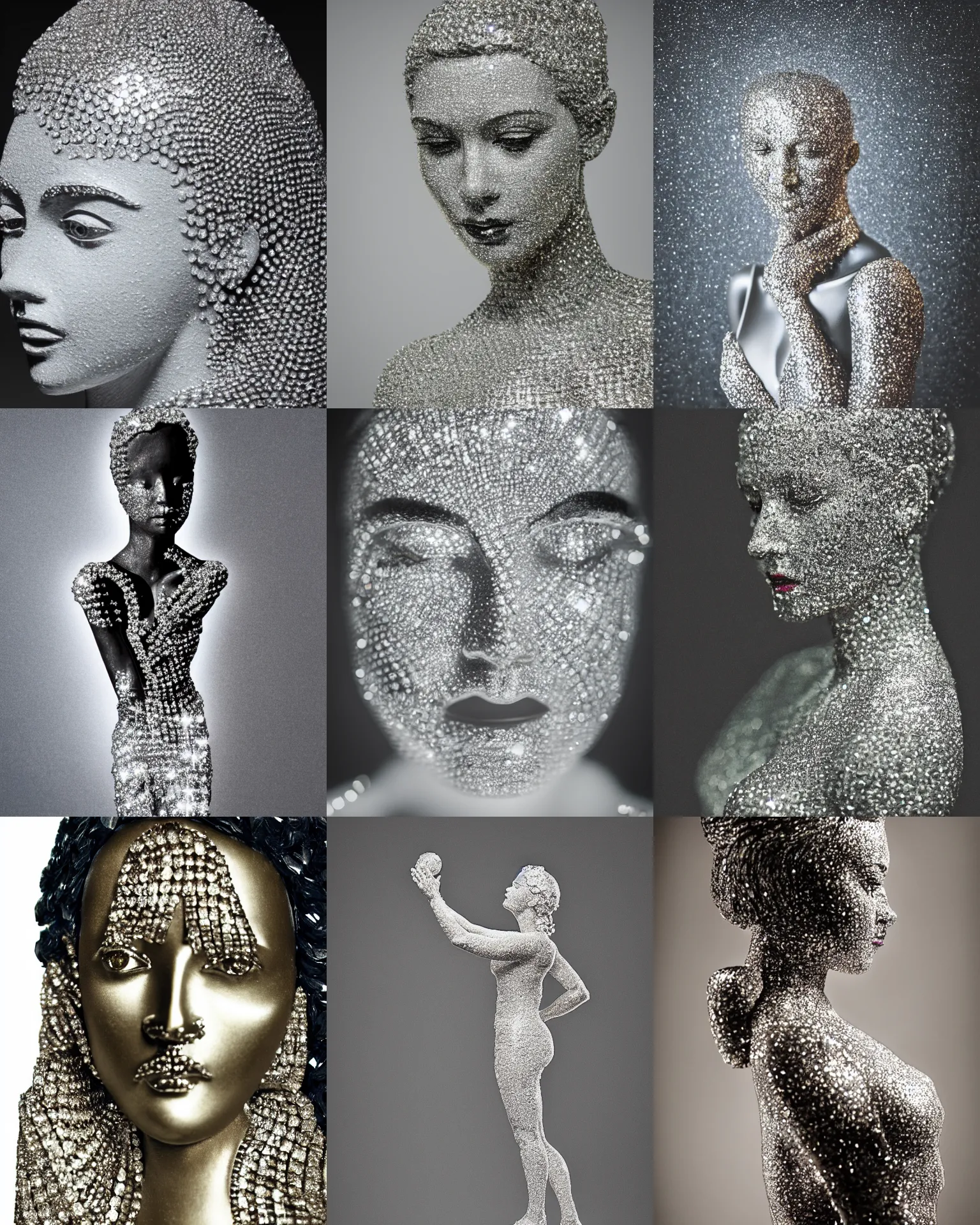 Prompt: female statue made of diamonds, studio light, dark background, glittery, 3 5 mm photography