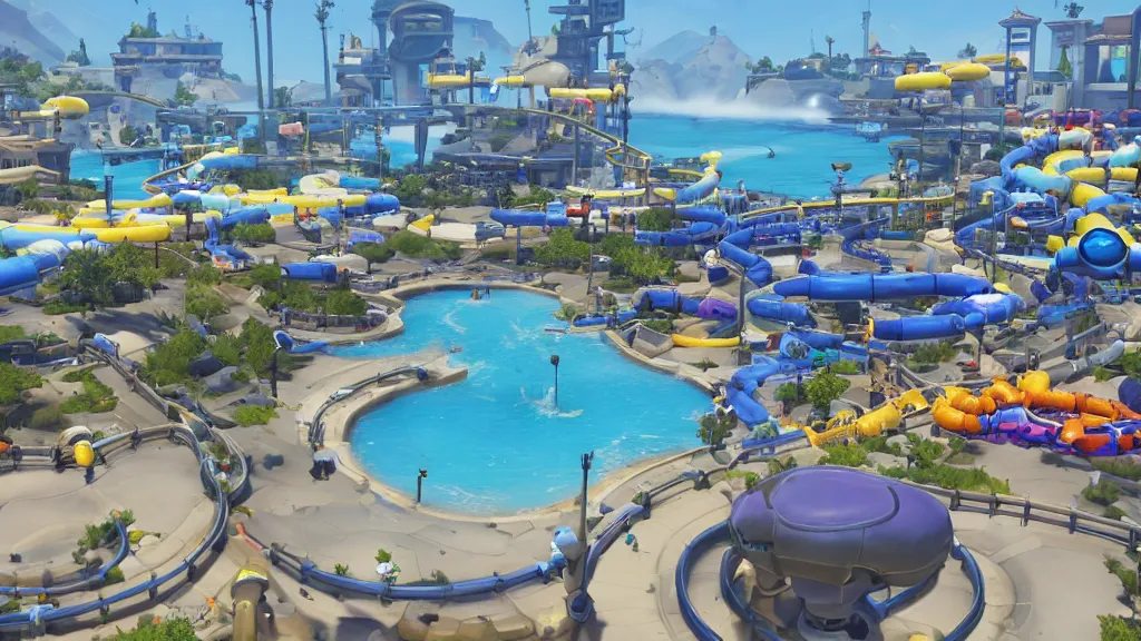 Image similar to Screenshot from Overwatch, at a water park