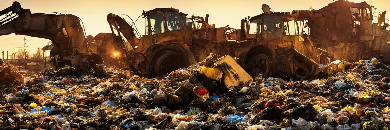 Prompt: Silhouette of bulldozer machine moving garbage on junkyard heap, photorealistic image, golden hour, low angle shot, very detailed