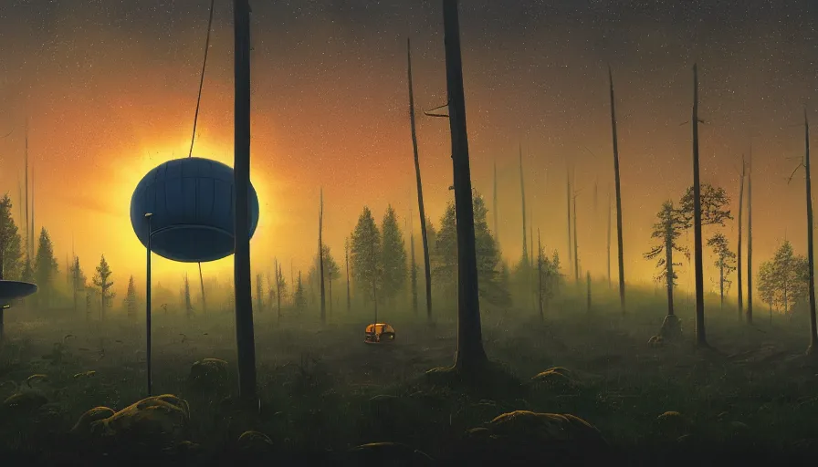 Prompt: communication dish in the foreground, sun in the sky, early morning, forest in the background, simon stalenhag