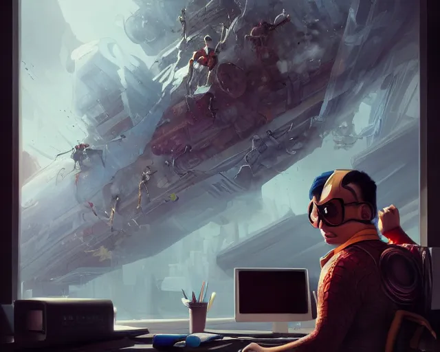 Image similar to an insanely detailed painting of a nerdy asian man wearing a superhero costume, sitting at a desk, staring at the nervously at the computer and typing, in the style of peter mohrbacher, dramatic lighting and composition, octane render, pixar, trending on artstation, concept art, comic book, view from behind