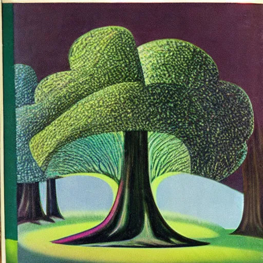 Image similar to 1960s art of tree in magic forest