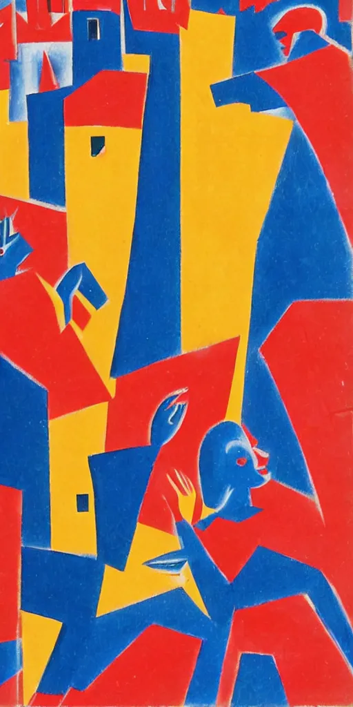 Prompt: A group of girls in red dresses were dancing beneath a cluster of collapsing tall buildings, and a strong light shone from the blue sky, Fortunato Depero painting style.