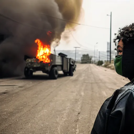 Image similar to Candid extreme wide shot of a poor techwear mixed woman with short hair and tattoos outside of a futuristic Los Angeles on fire, a police MRAP on fire, cyberpunk, 4k, extreme long shot, desaturated, full shot, action shot, motion blur, depth of field, sigma 85mm f/1.4, high resolution, 4k, 8k, hd, full color, award winning photography, war photography