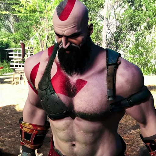 Image similar to kratos at a backyard barbecue