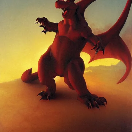 Image similar to Painting of a Charizard as Godzilla. Art by william adolphe bouguereau. During golden hour. Extremely detailed. Beautiful. 4K. Award winning.