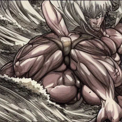 Image similar to a crawling mountain of muscles, highly detailed, anime, pale colors, award winning pictures, by studio mappa, by studio wit