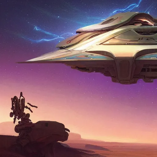 Prompt: sci - fi spaceship hovering over desert, at dusk, art by greg rutkowski and alphonse mucha. colorful, highly detailed, trending on artstation, 4 k, epic, cinematic lightning, ross draws, global illumination