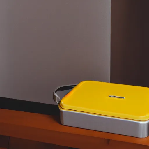 Prompt: yellow coffee mug similar to a rimowa aluminium suitcase, full of steaming coffee