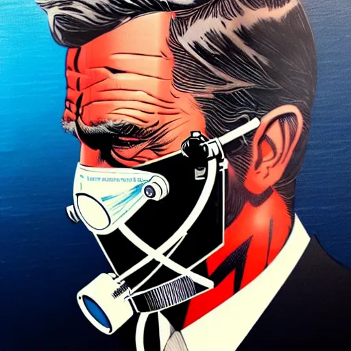 Image similar to a profile photo of an james bond with a diving oxygen mask with side profile blood in ocean intricate details by MARVEL comics and Sandra Chevrier-C