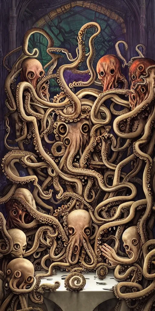 Prompt: group of humans with octopus heads arguing with mages with medusa heads they are sitting near the table in an ancient mage castle with enormous scale, gothic and baroque, brutalist architecture, ultradetailed, Intricate by James Jean and Josan Gonzalez and John Howe and Giuseppe Arcimboldo