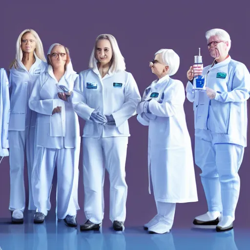 Image similar to line of six women of varying heights and body shapes, white hair, tight light blue neopren space uniforms, futuristic chemistry lab, sci - fi, highly detailed, cinematic