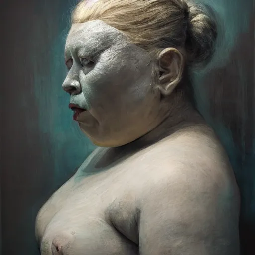 Prompt: portrait of big sumoringer as despair from sandman in a white void with empty frames all around her, venus of willendorf, by jeremy mann, by gregory crewdson, sad face, black hair, white room, soft lightning, high detailed, 8 k