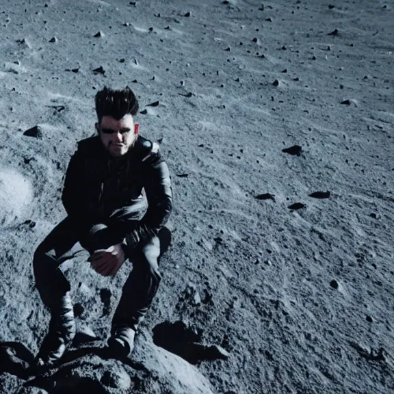 Image similar to dustin bates from starset band doing an epic cinematic pose on the moon, highly detailed, my demons video, masterpiece