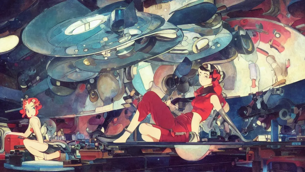 Image similar to a film still of a 1 9 5 0's mechanic anime girl sitting on top of flying ufo landing in hangar of giant ufo spaceship, kandinsky, trending on pixiv fanbox, painted by gaston bussiere, makoto shinkai, akihiko yoshida, gaston bussiere, craig mullins