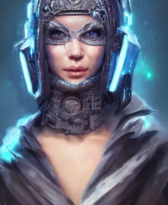 Image similar to portrait of a cyberpunk masked warrior, half body, glowin eyes, d & d, fantasy, intricate, elegant, highly detailed, digital painting, artstation, concept art, art by artgerm