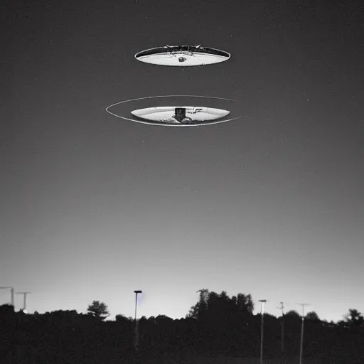 Prompt: a photograph of a ufo taken by a phone camera, black and white