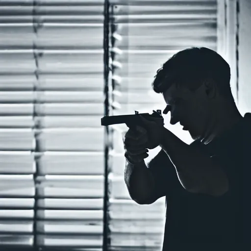 Prompt: An atmospheric close up photo of A man sticking a gun in the camera, bokeh, hard grain film, masterpiece