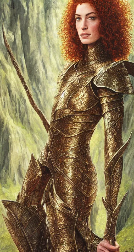 Image similar to Detailed painting of a curly redhead anne hathaway wearing elven armor portrait by Ted Nasmith