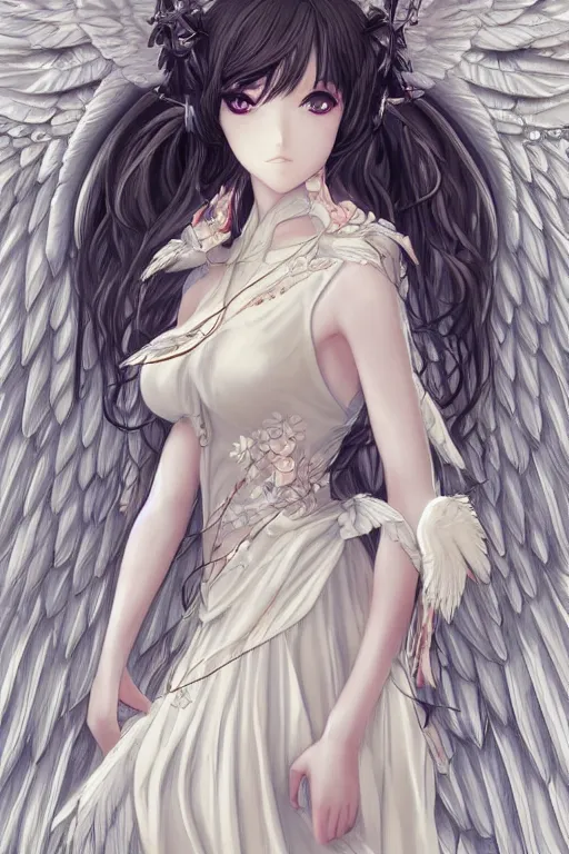 Prompt: Portrait of beautiful anime maiden with angelic wings, intricate, elegant, highly detailed, artstation, concept art, illustration, art by Range Murata