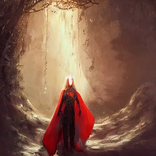 Image similar to a beautiful woman in a crimson cloak holding a glowing white spear and an obsidian shield, silver intricate armor, spotlight, ornate, realistic, cinematic lighting, sunbeams, volumetric lighting, epic pose, victorian, opulent, fantasy concept art, mohrbacher, beeple