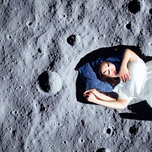 Prompt: woman sleeping in a bed on the moon, 4k, moon lighting, award winning photo