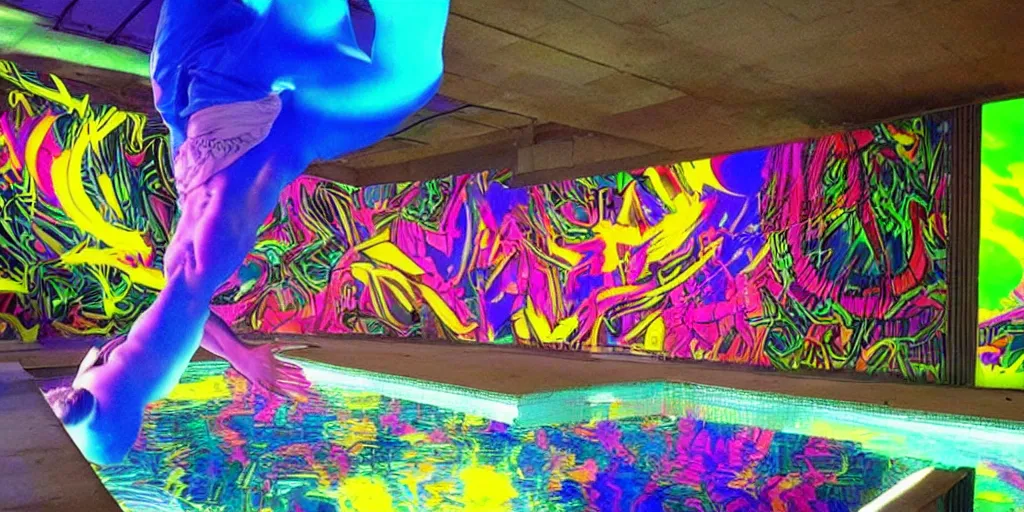 Image similar to backflip into a pool caustics lighting impressive colorful masterpiece graffiti