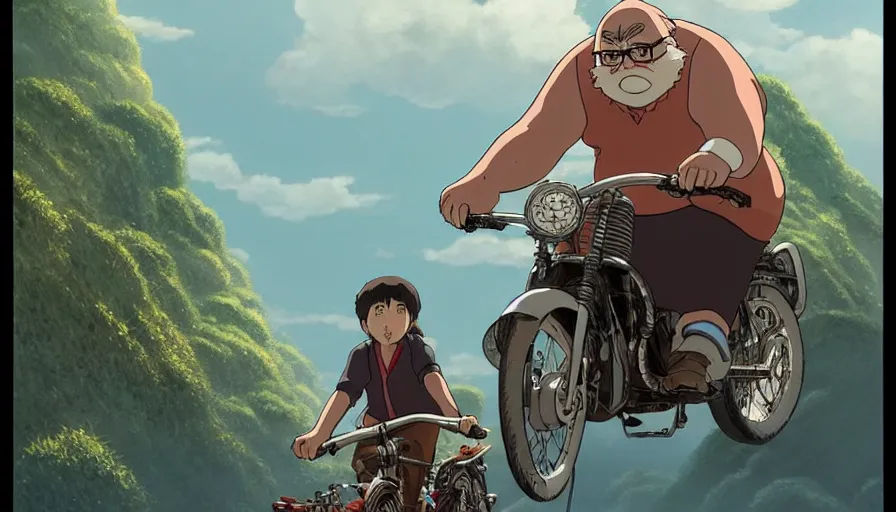 Image similar to the last fat catrider, comedy, graphic art, rgba, 8 k hd resolution, pinterest, dynamic character, 8 k character details, concept art, 8 k ultra realistic, intricate details, ultra detailed, reduce character duplication, in style of hayao miyazaki, by studio ghibli